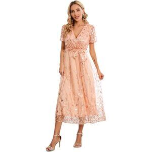 Women's Sequin Embroidered V-Neck Short Sleeve Maxi Evening Dress